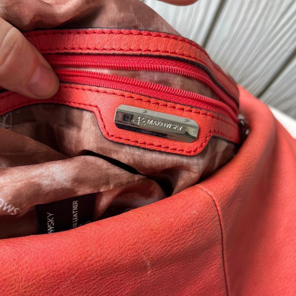 VTG B. Makowsky Coral Red Leather Hobo Bag | Slouchy Bucket Shoulder Purse - Picture 3 of 13
